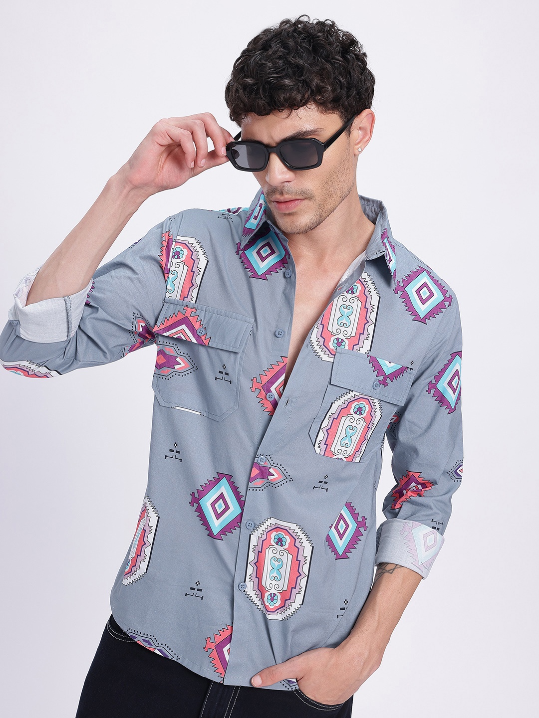 

glitchez Whimsical Wear Printed Poplin Regular Fit Shirt, Grey
