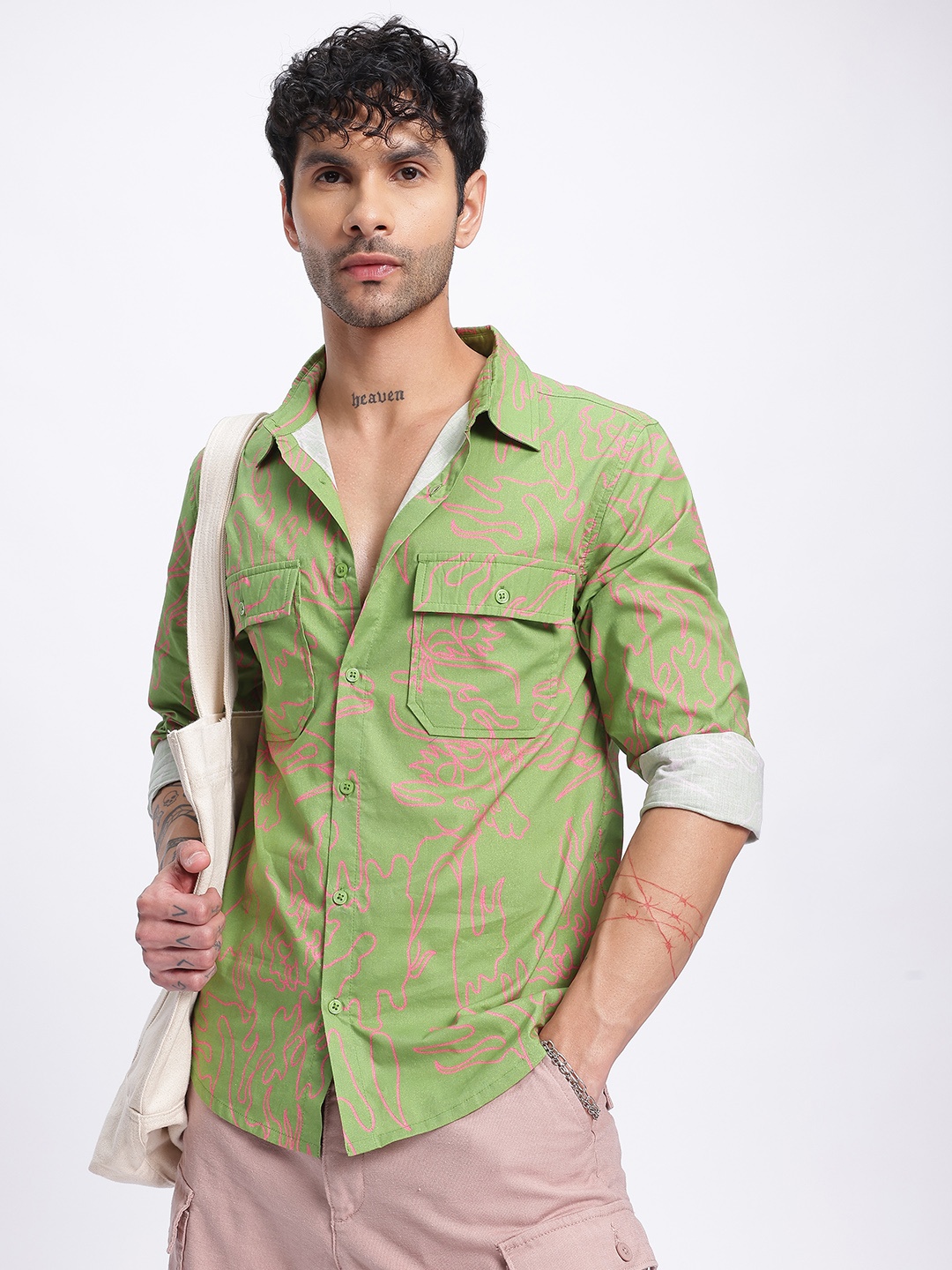 

glitchez Abstract Canvas Printed Shirt, Green