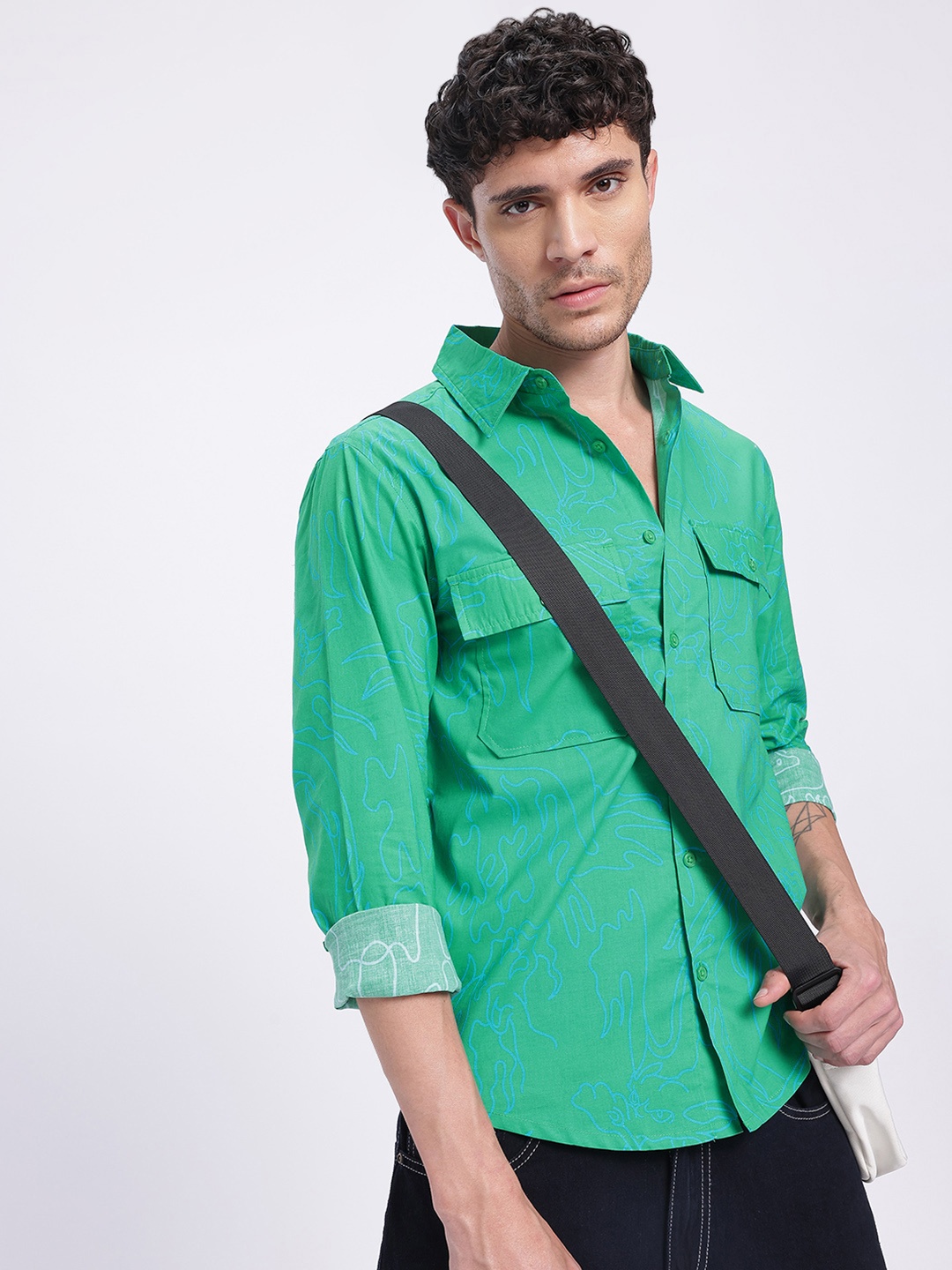 

glitchez Laid-Back Luxe Printed Poplin Regular Fit Shirt, Green
