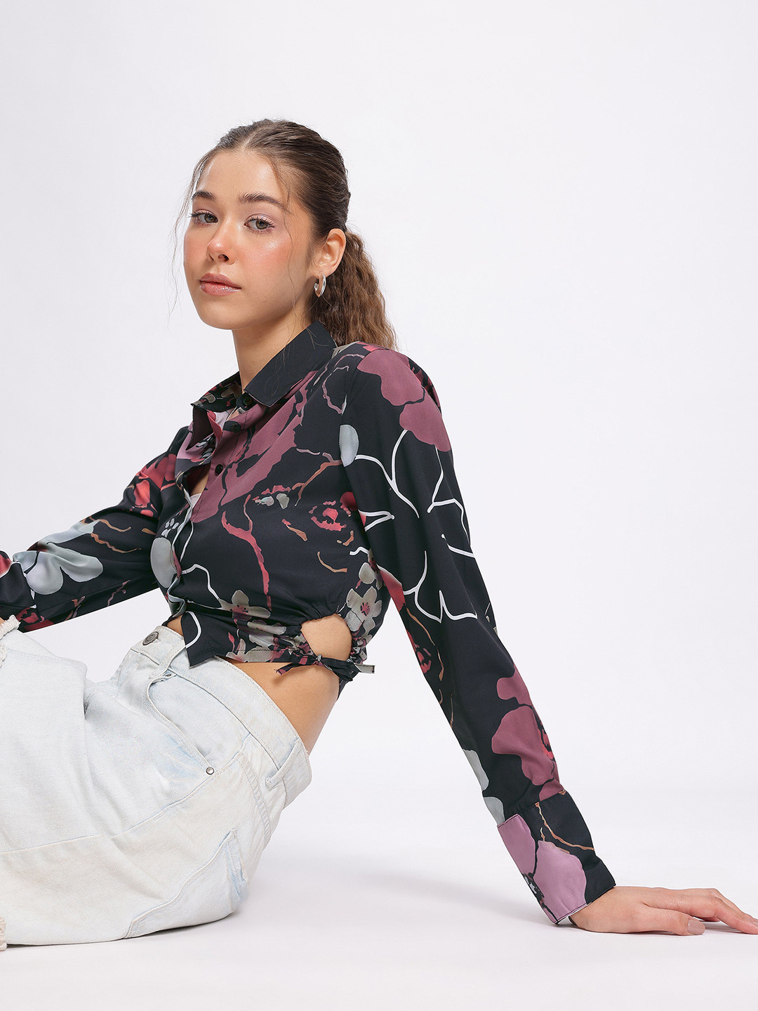 

glitchez Bloom & Beyond Floral Print Tie-Up Cropped Shirt, Black