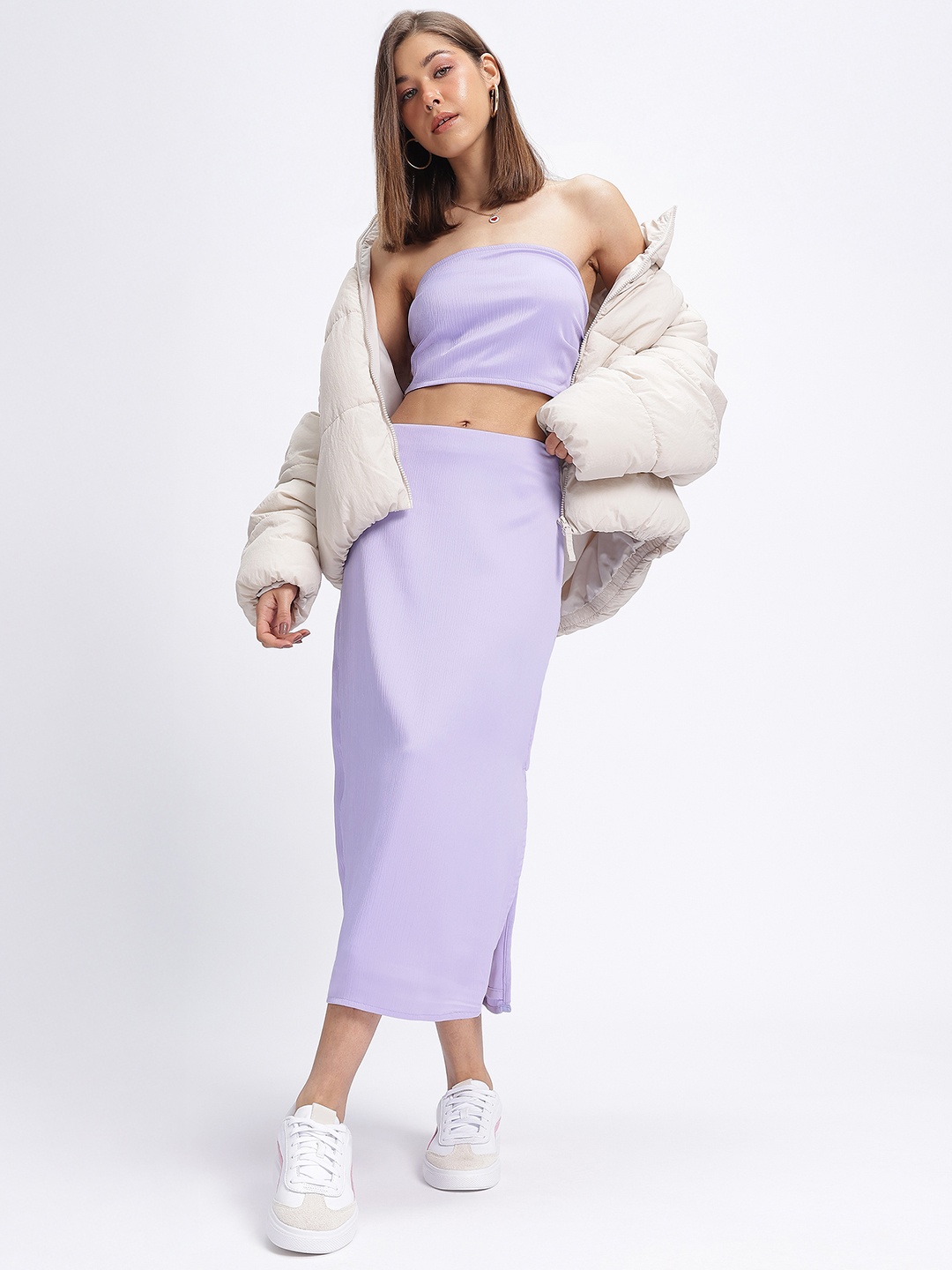 

glitchez Edge Rush Slit Hem Ruched Crinkled Satin-Finish Co-Ords, Lavender