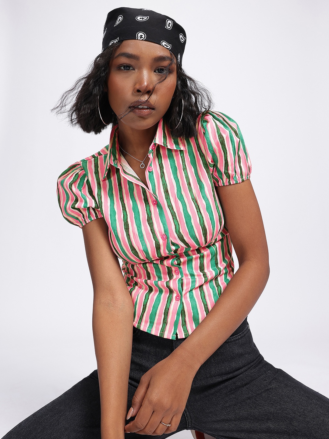 

glitchez Dual Stripes Fitted Puff Sleeve Shirt, Pink
