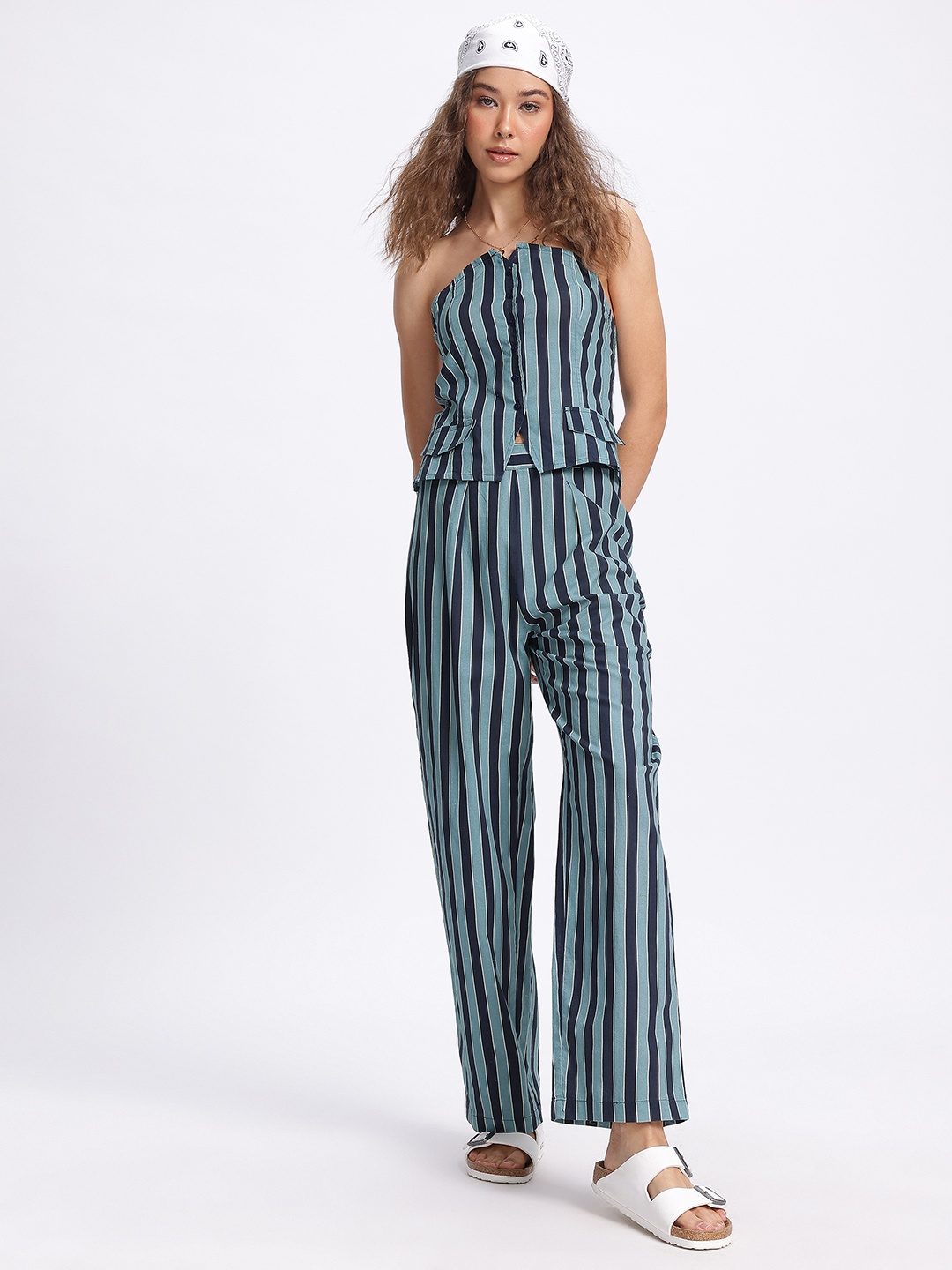

glitchez Style Sync Striped Strapless Co-Ords, Navy blue