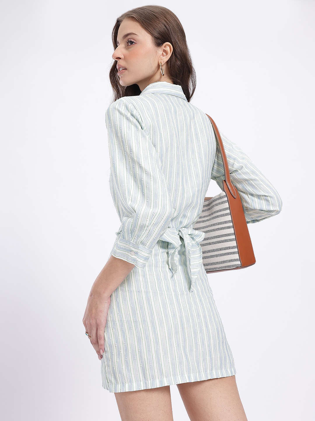 

glitchez Pastel Paradise Dobby Weave Striped Tie-Up Mini Shirt Style Dress, White