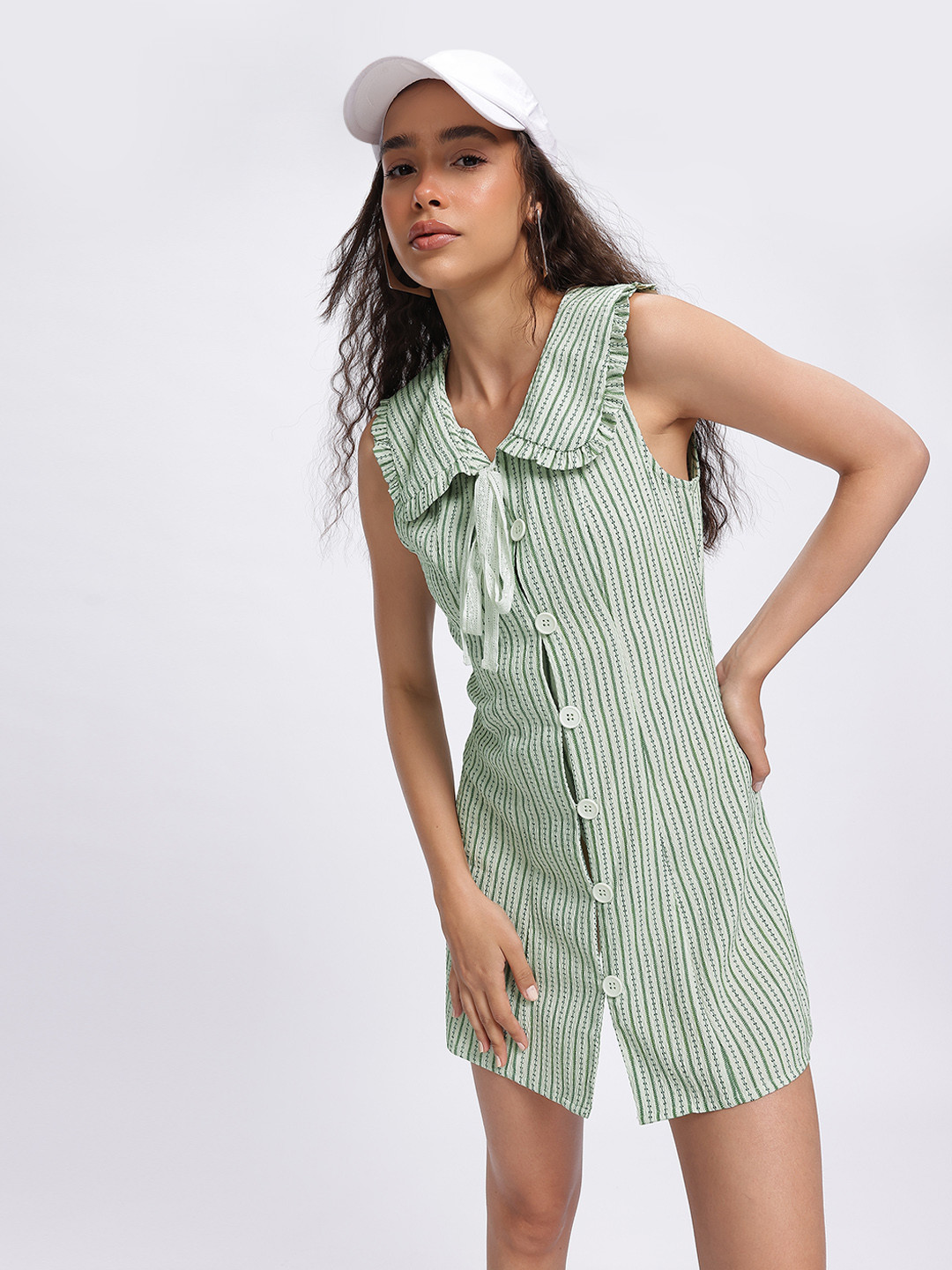 

glitchez Classic Cut Collar Striped Seersucker Shirt Mini Dress, Green