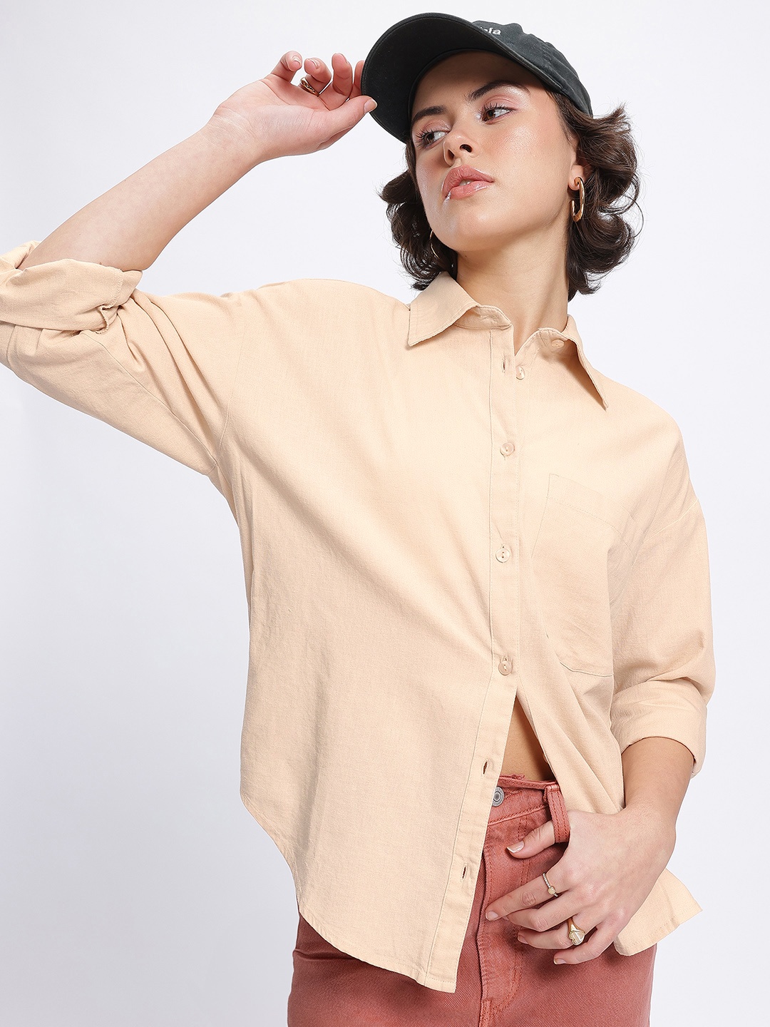 

glitchez Street Vibe Drop-Shoulder Shirt, Beige