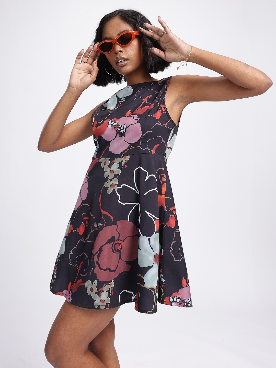 

glitchez Celestial Bloom Floral Print Mini A-line Dress, Black