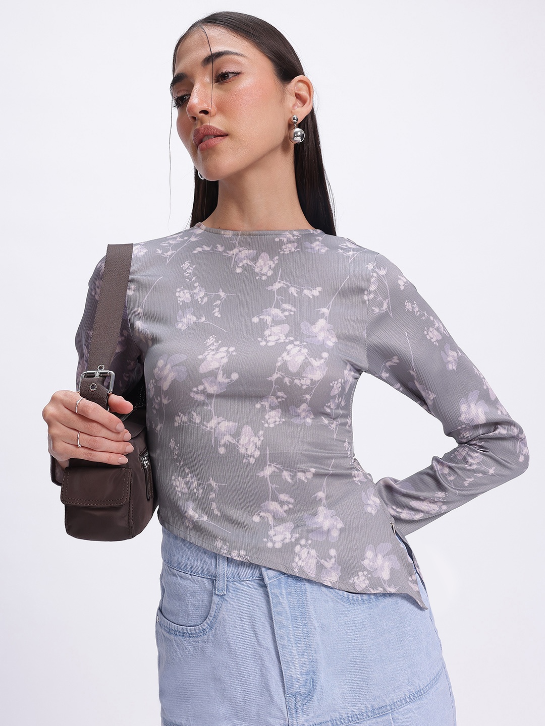 

glitchez Petal Ripple Printed Crinkle Effect Top, Grey