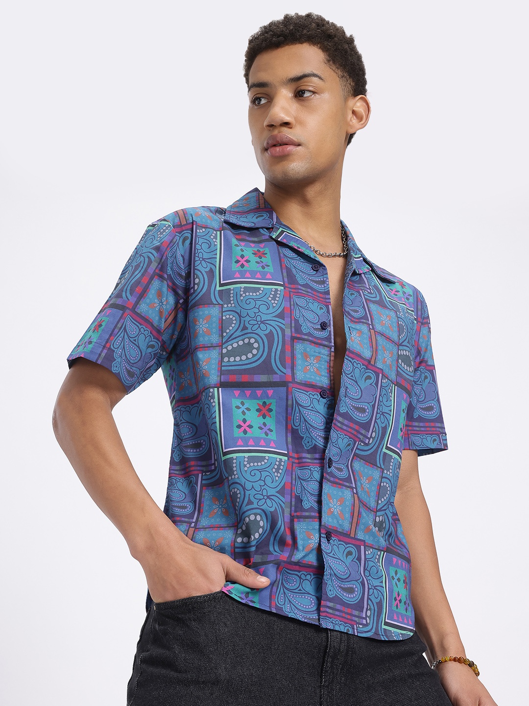 

glitchez Ethnic Pop Printed Poplin Shirt, Teal