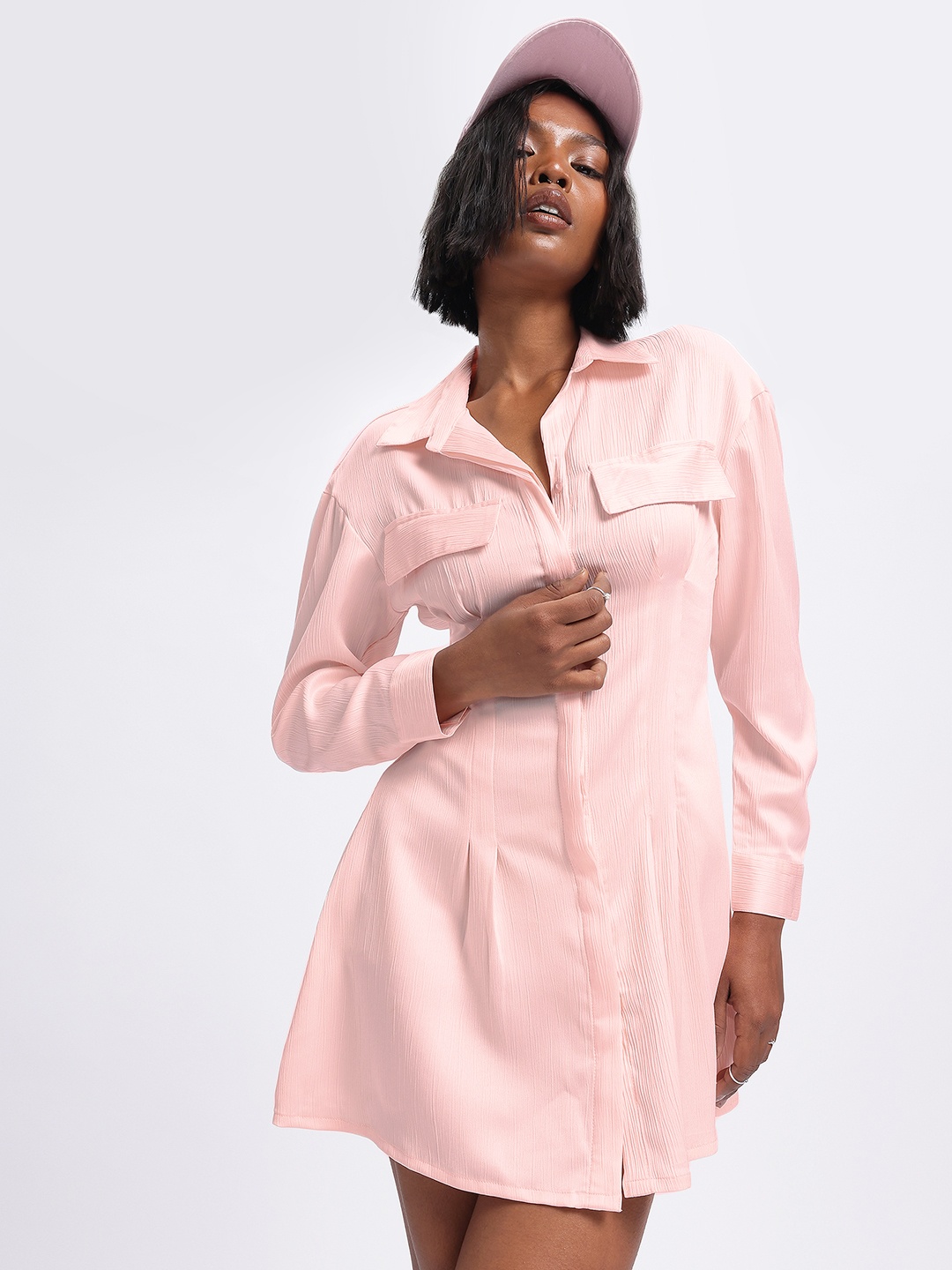 

glitchez Feminine Flair Crinkle Effect Pleated Shirt-Style Dress, Pink