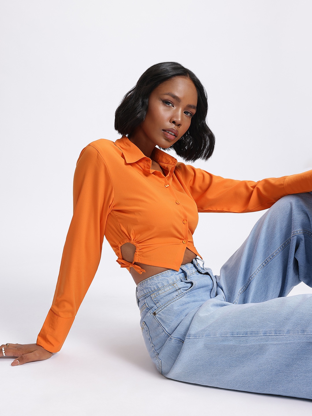 

glitchez Peek Chic Cut-Out Crop Shirt Style Top, Orange