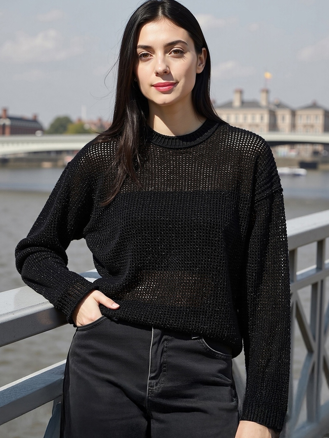 

Bewakoof Women Oversized Crochet Sweater, Black