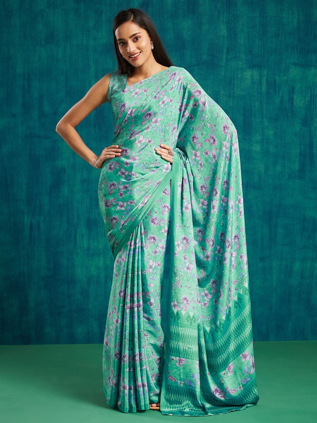 

RACHNA Floral Printed Ready to Wear Saree, Sea green