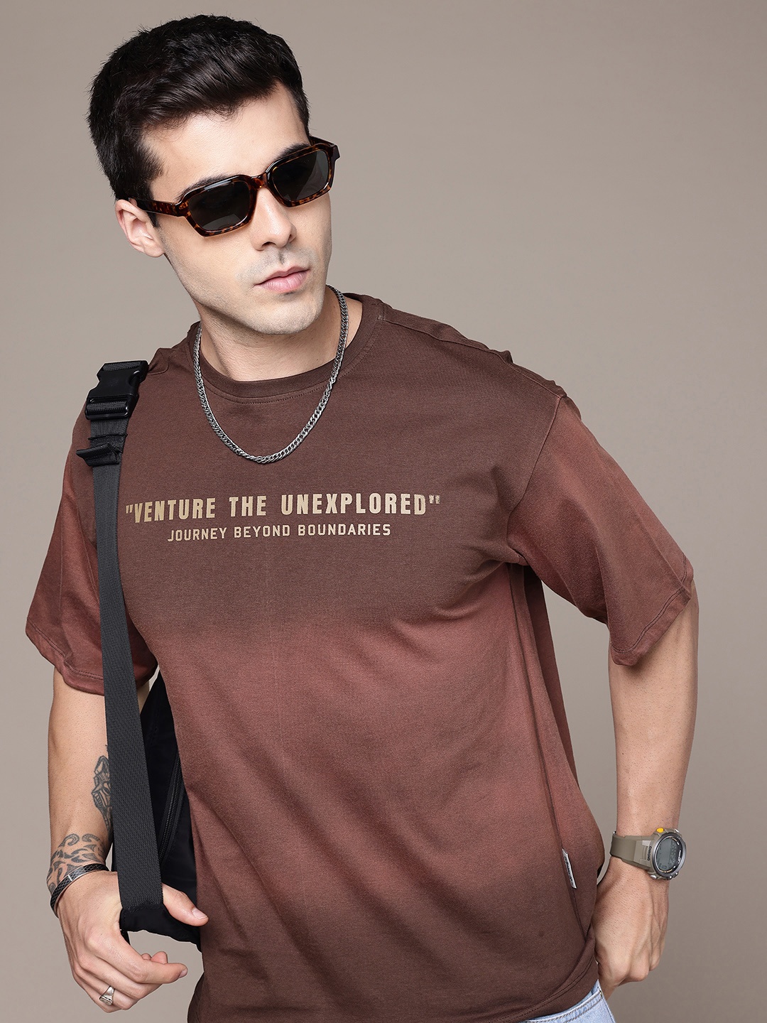 

The Roadster Life Co. Pure Cotton Typography Printed Relaxed Fit Ombre T-shirt, Brown