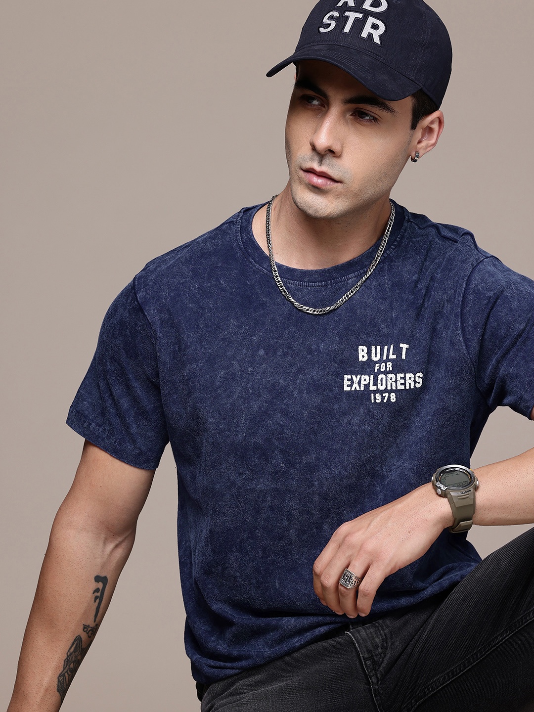 

The Roadster Life Co. Pure Cotton Typography Printed Washed T-shirt, Navy blue