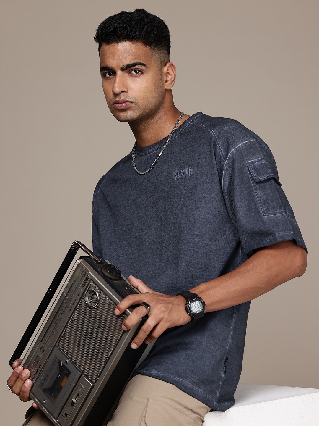 

The Roadster Lifestyle Co. Pure Cotton Oversized Washed Effect T-shirt, Navy blue