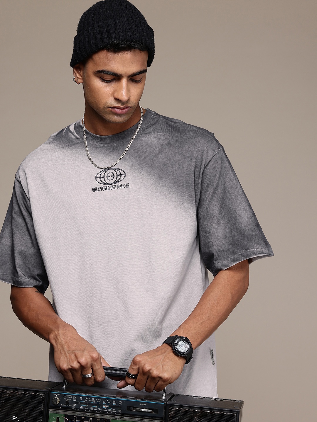 

The Roadster Life Co. Dyed Drop-Shoulder Sleeves Pure Cotton Relaxed T-shirt, Grey