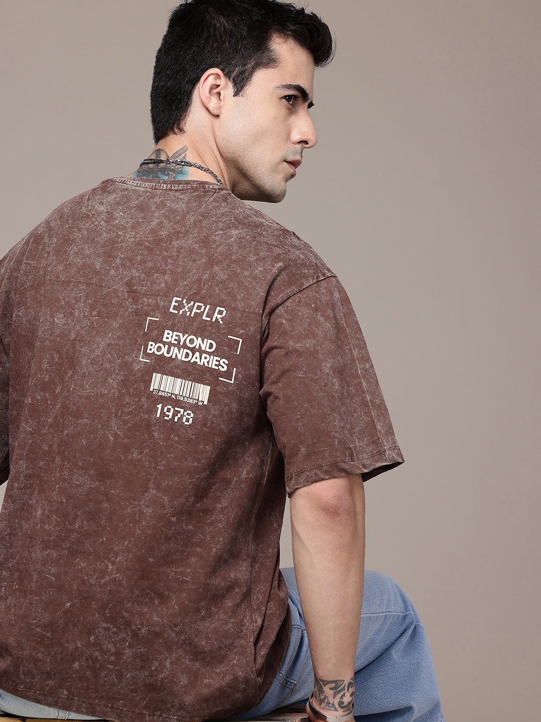 

The Roadster Life Co. Pure Cotton Typography Printed Relaxed Fit Washed Pocket T-shirt, Brown