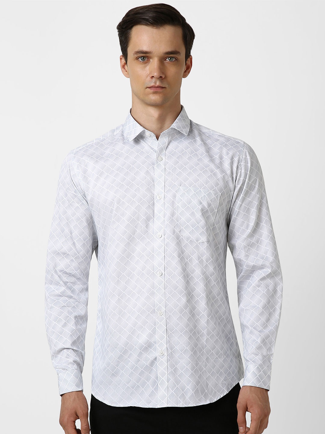 

V Dot Men Slim Fit Opaque Checked Party Shirt, White