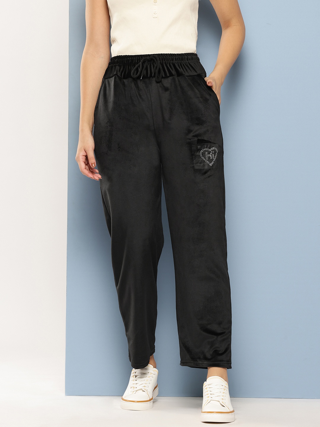 

Aarika Women Embellished Velvet Track Pants, Black