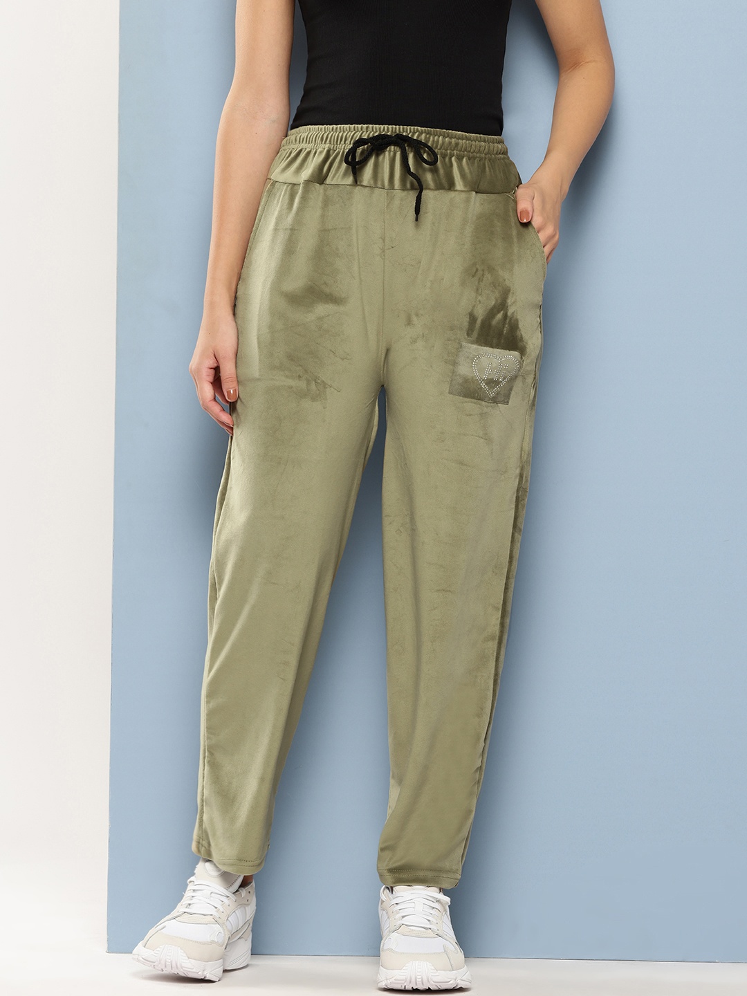 

Aarika Women Embellished Velvet Track Pants, Olive