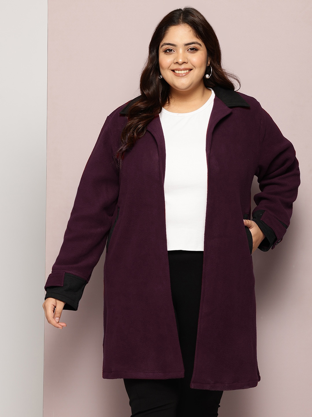 

Qurvii+ Plus Size Front-Open Longline Fleece Trench Coat, Burgundy