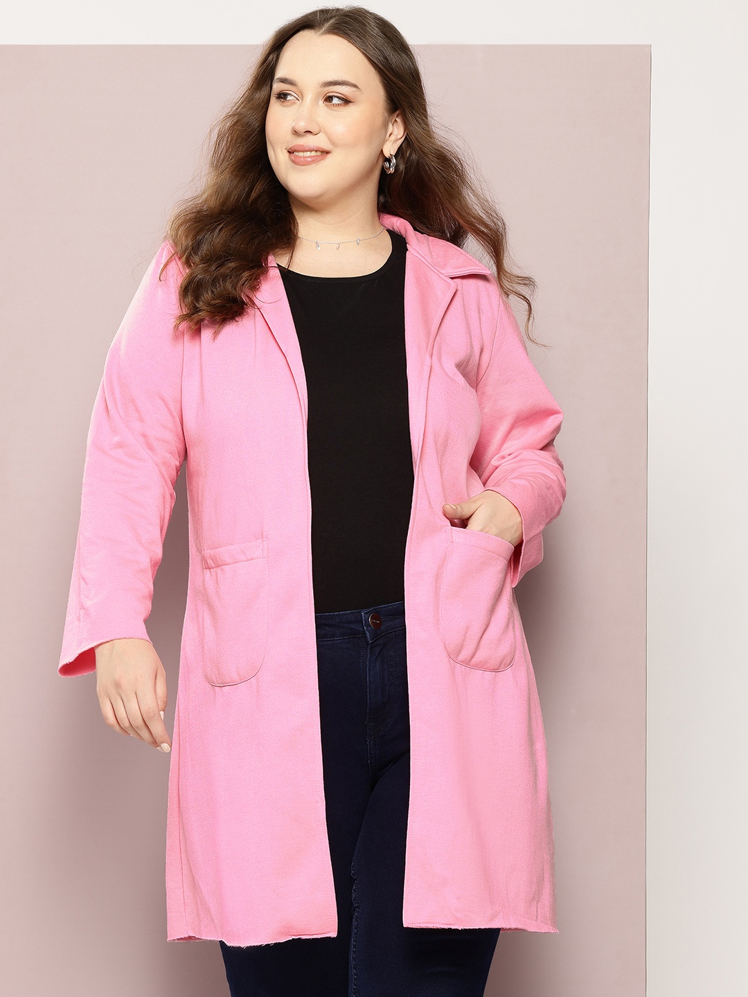 

Qurvii+ Plus Size Open Front Notched Lapel Collar Overcoat, Pink