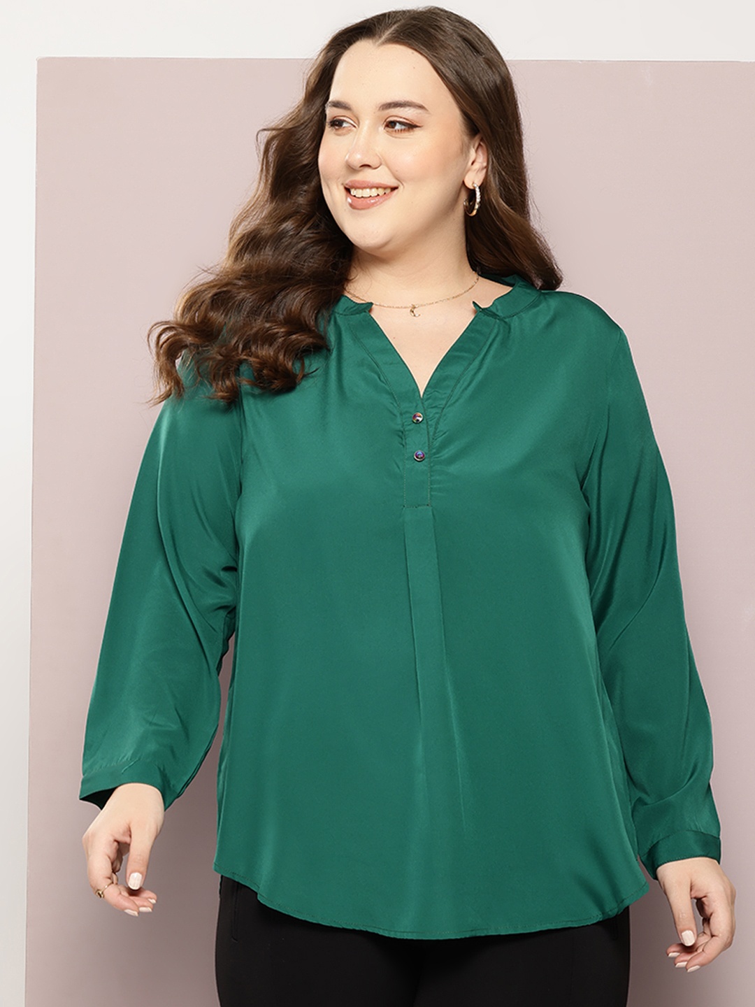 

Qurvii+ Plus Size Comfort Mandarin Collar Casual Shirt, Green