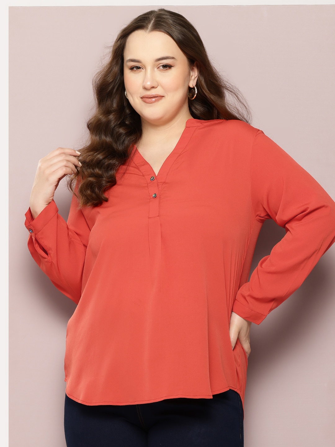 

Qurvii+ Plus Size Comfort Mandarin Collar Casual Shirt, Rust