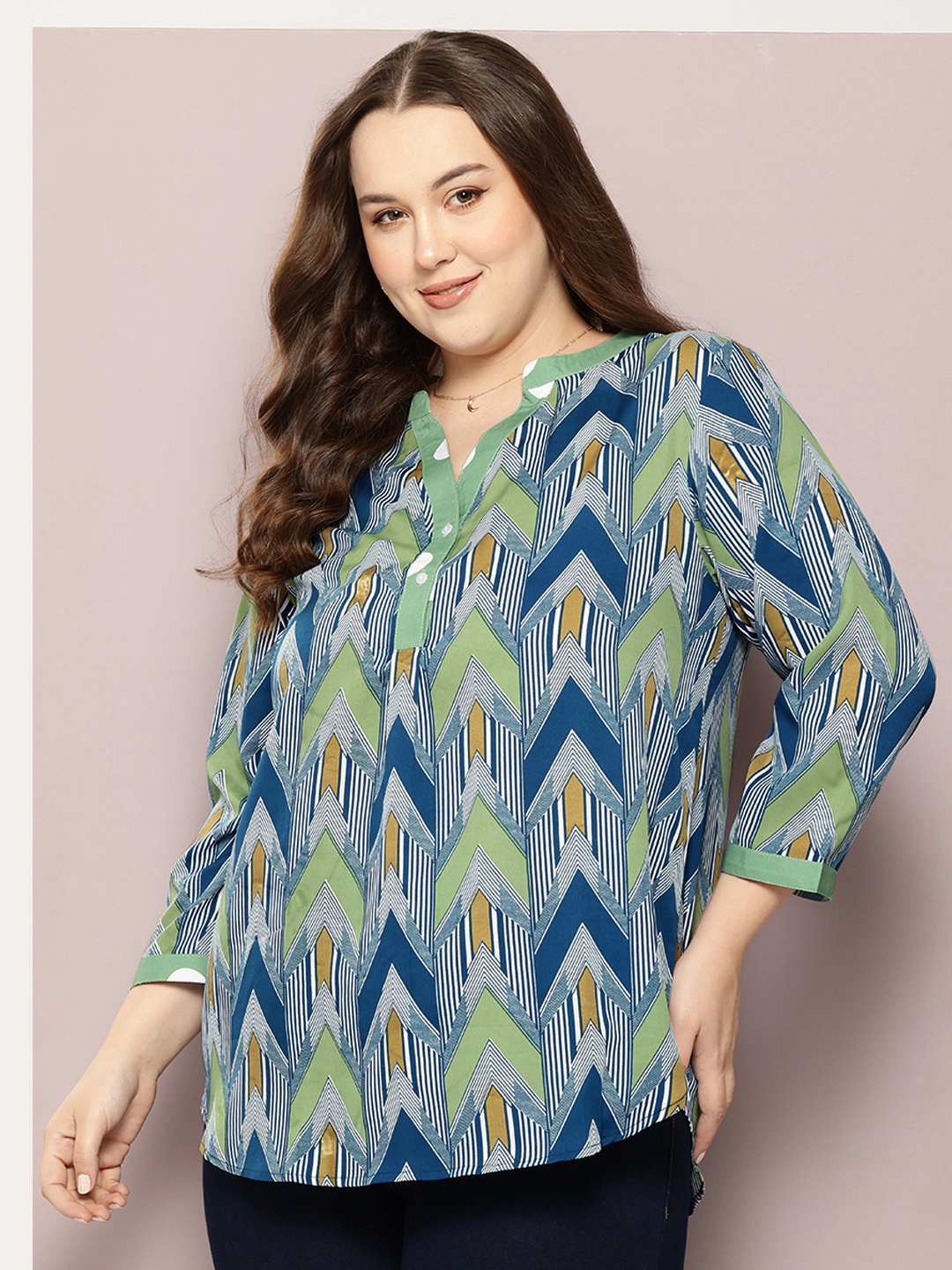 

Qurvii+ Plus Size Comfort Printed Mandarin Collar Casual Shirt, Green
