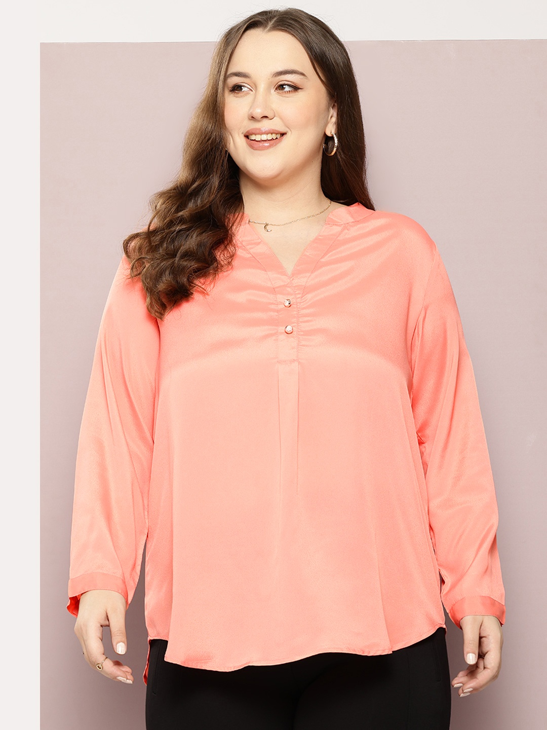 

Qurvii+ Plus Size Comfort Mandarin Collar Casual Shirt, Peach