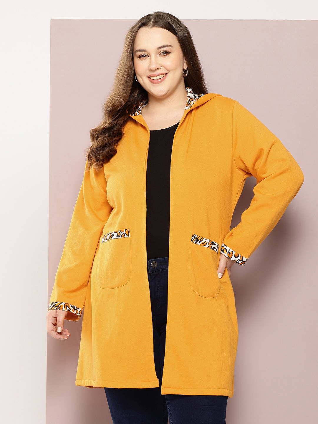 

Qurvii+ Plus Size Fleece Longline Open Front Hooded Jacket with Patchwork, Yellow