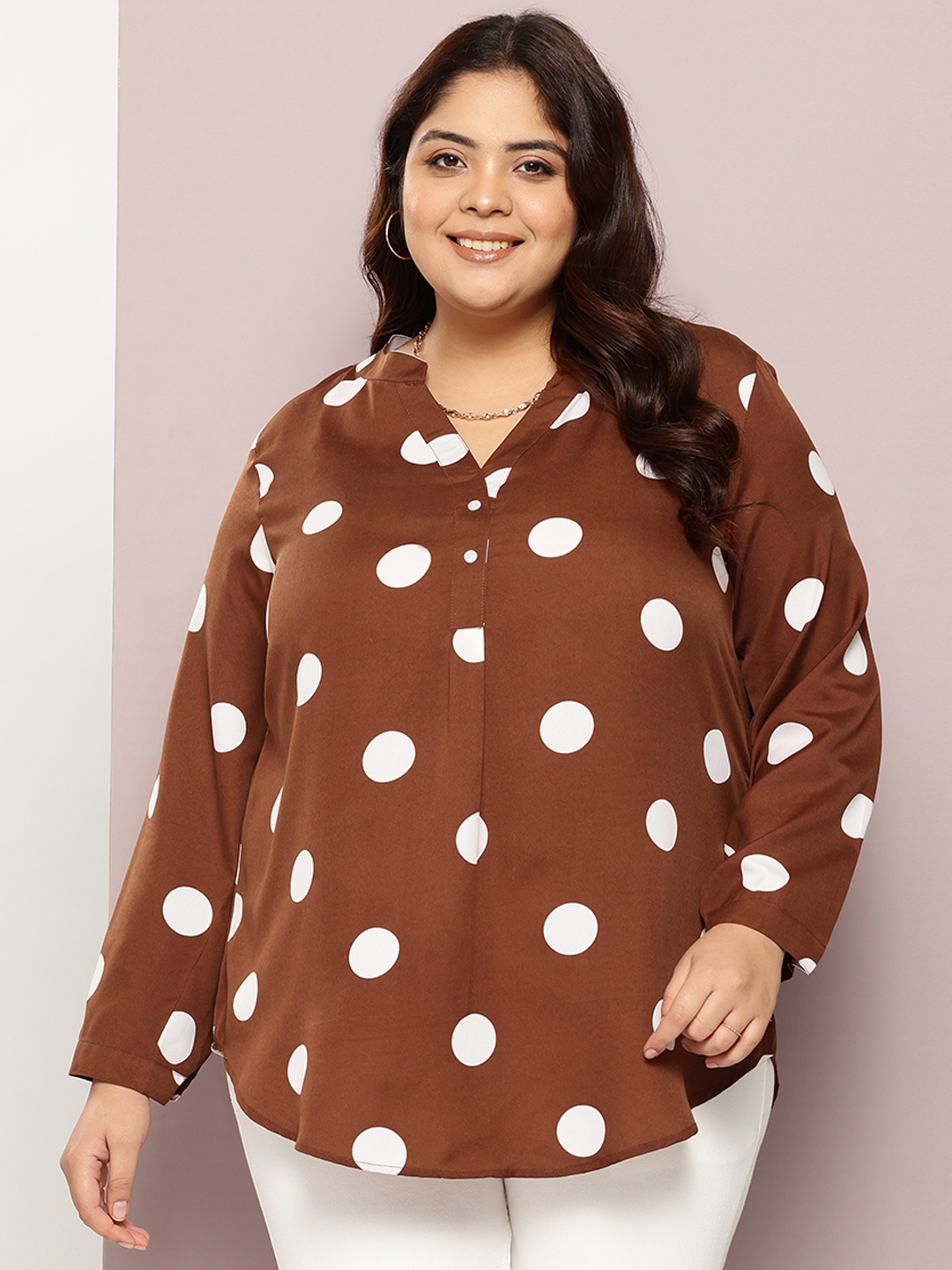 Qurvii+ Plus Size Comfort Polka Dot Printed Casual Shirt, Brown