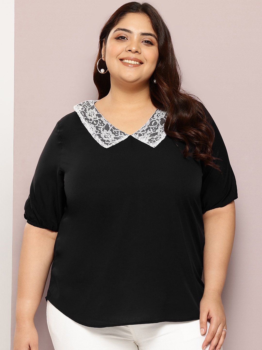 

Qurvii+ Plus Size Peter Pan Collar Crepe Top, Black