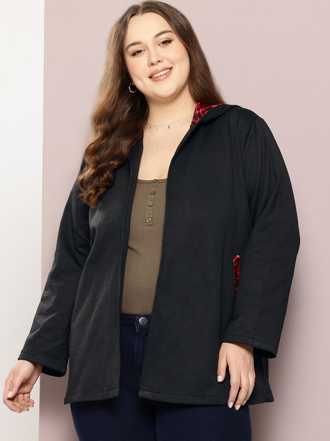 

Qurvii+ Plus Size Fleece Open Front Hooded Jacket with Patchwork, Black