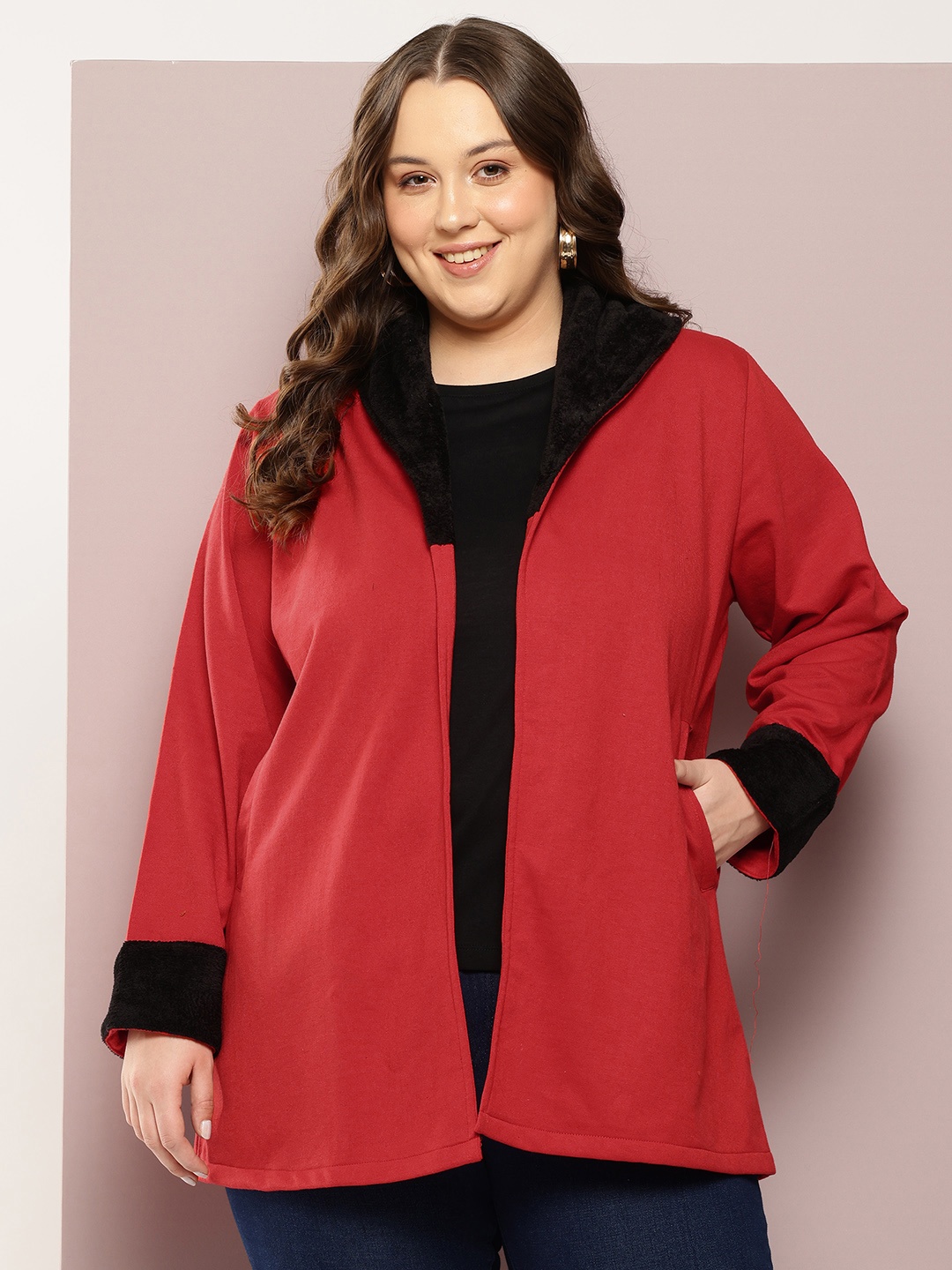 

Qurvii+ Plus Size Front-Open Longline Fleece Trench Coat, Red