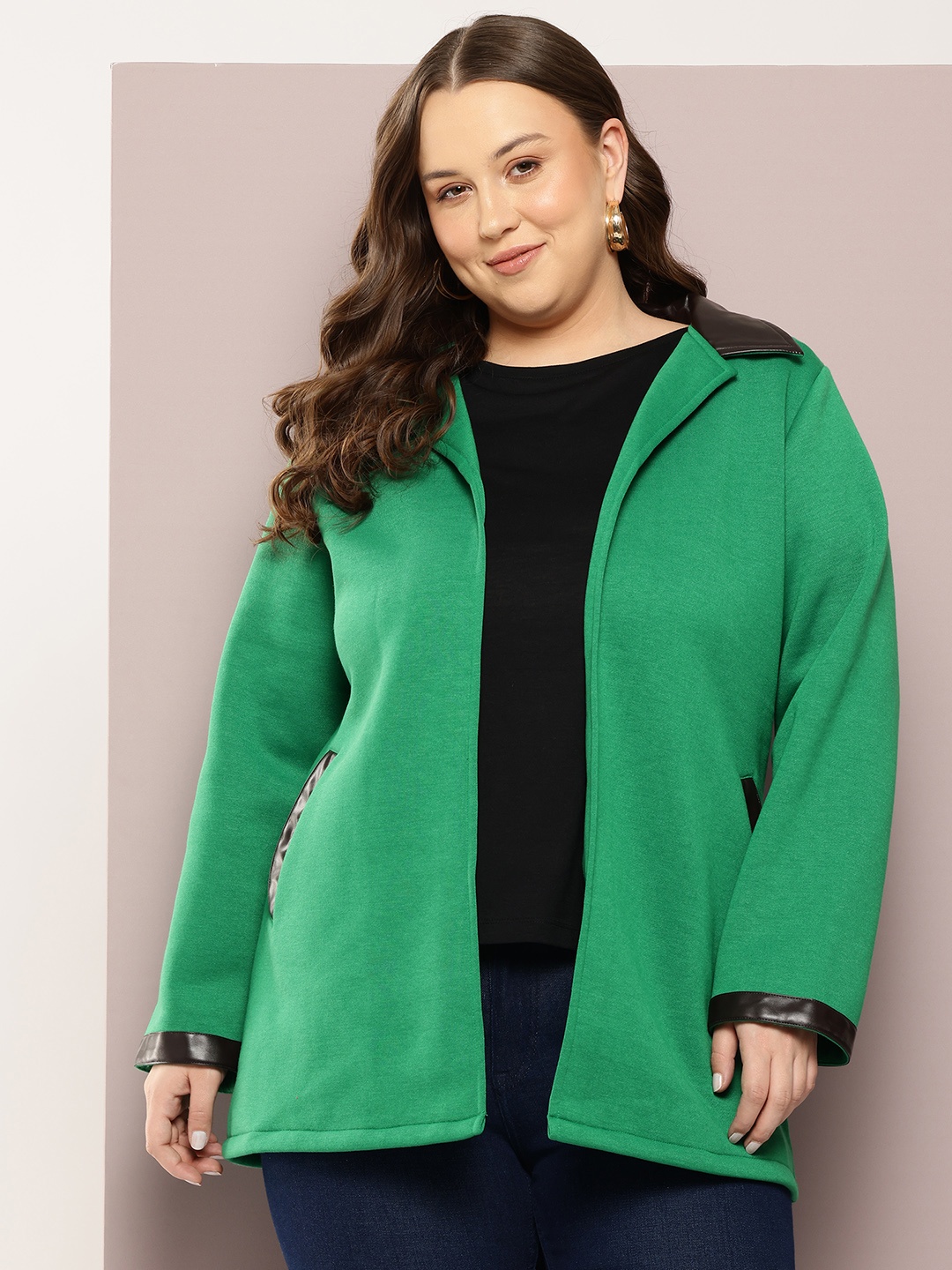 

Qurvii+ Plus Size Front-Open Longline Fleece Trench Coat, Green