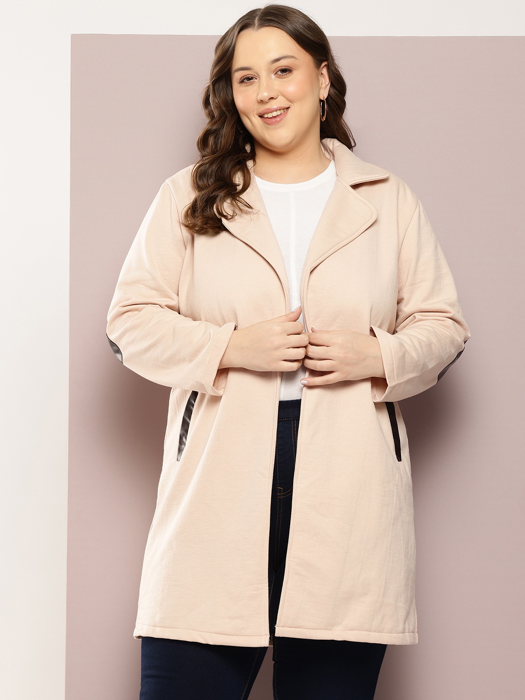 

Qurvii+ Plus Size Front-Open Longline Fleece Trench Coat, Beige