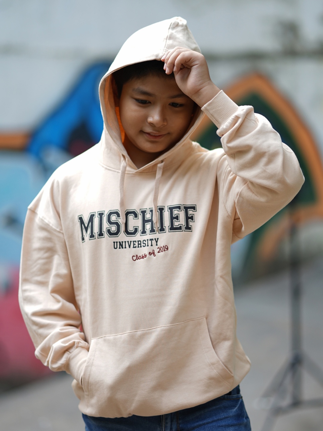 

Unisex Kids Mischief University Printed Oversized Fit Hooded Sweatshirt, Brown