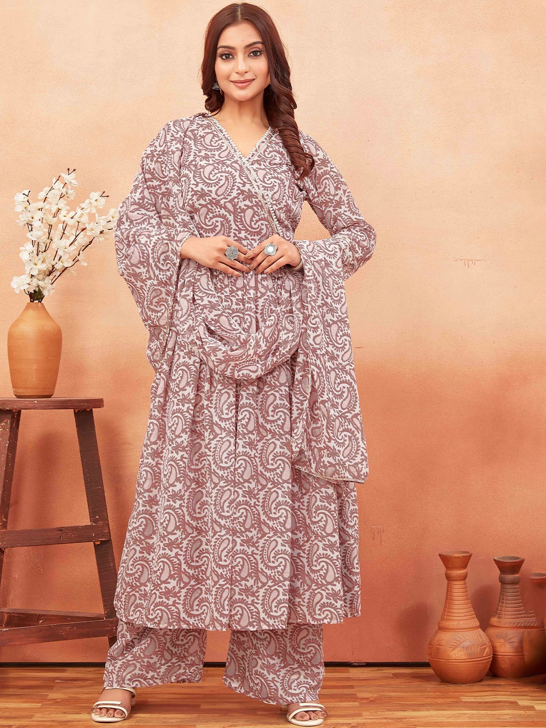 

CHANSI Paisley Printed Beads and Stones Georgette A-Line Kurta With Palazzo & Dupatta, Mauve