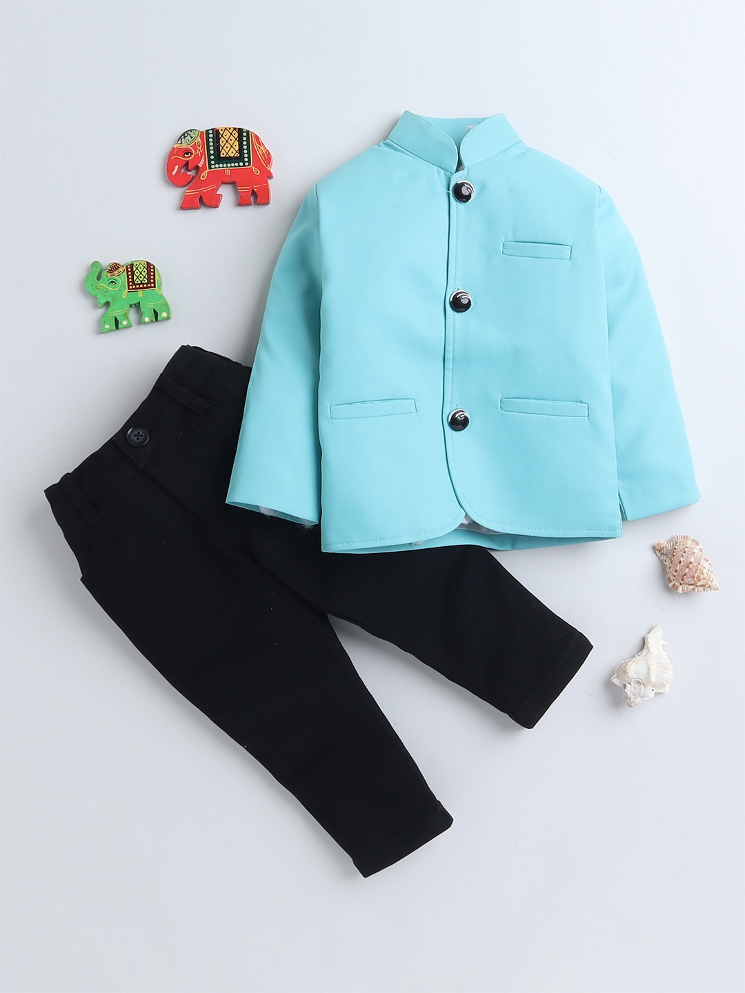 

Lil homies Boys Bandhgala Two-Piece Mandarin Collar Suit, Turquoise blue