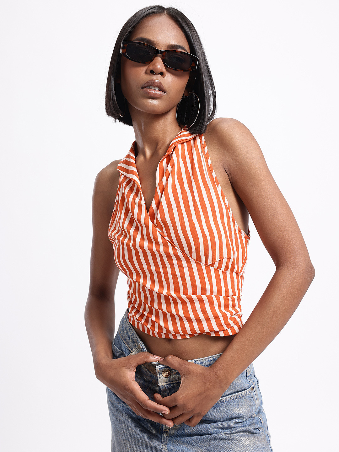 

glitchez Basically Striped Halter Neck Style Body Hugging Wrap Top, Orange