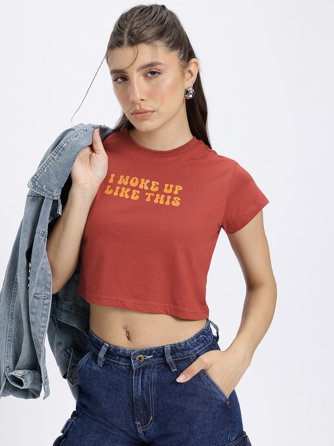 

glitchez Typo Chic Printed Crop T-shirt, Rust