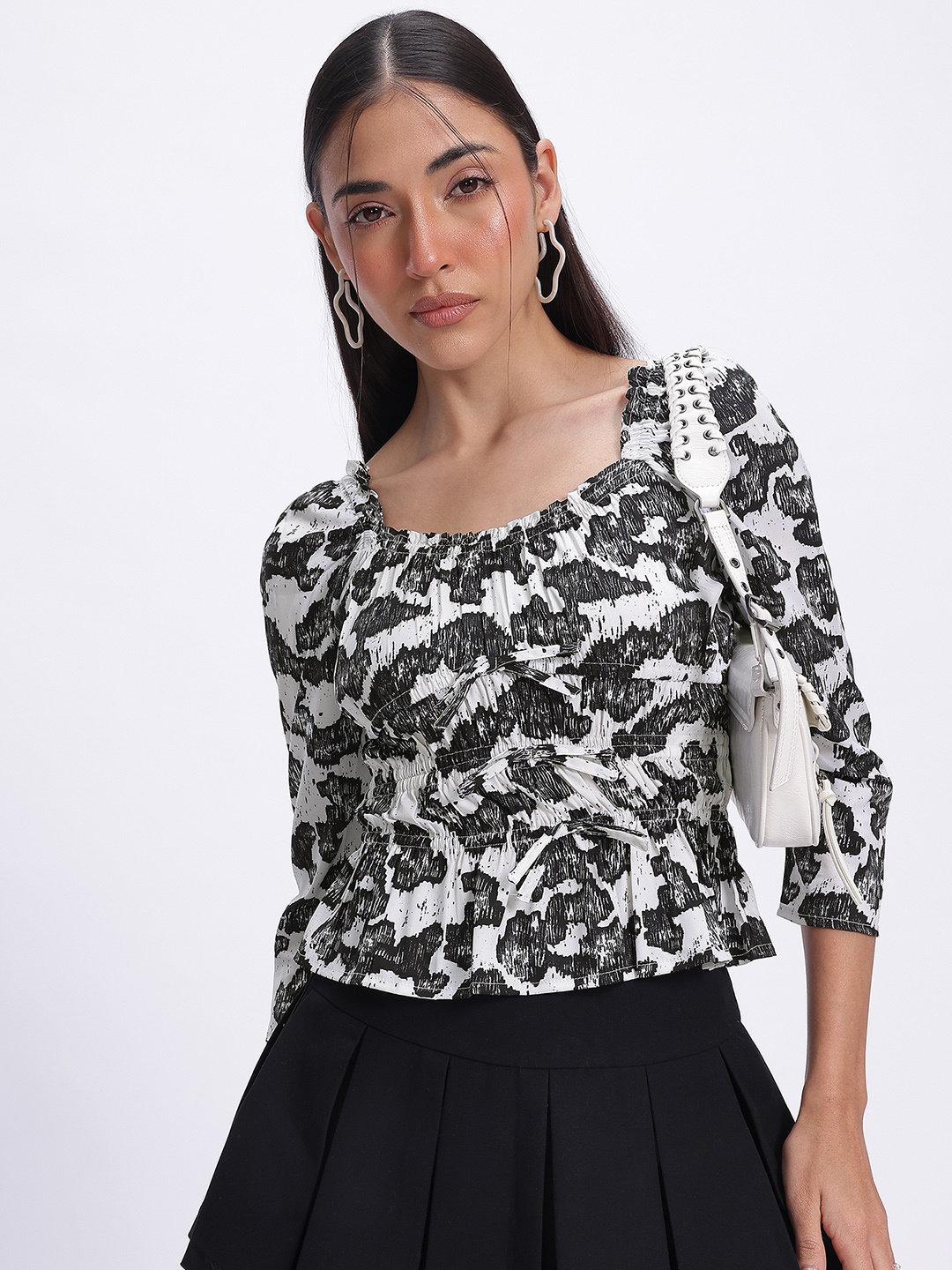 

glitchez Bow Babe Printed Smocked A-line Top, Black