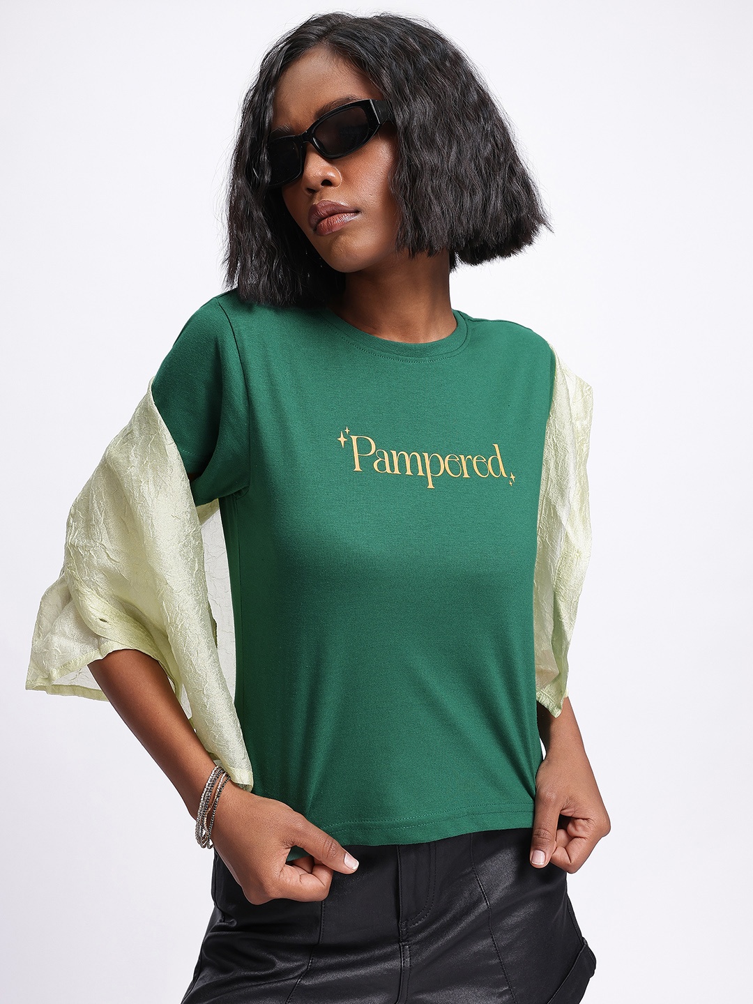 

glitchez Essential Indulge Typo Print T-shirt, Green