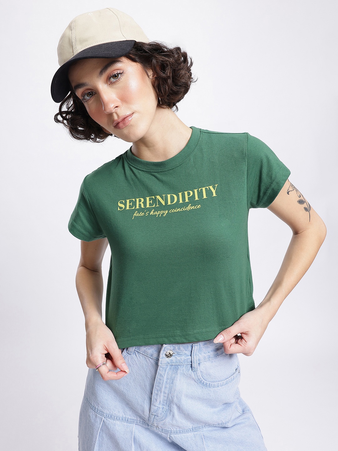 

glitchez Serene Serendipity Typography Printed Crop T-shirt, Green