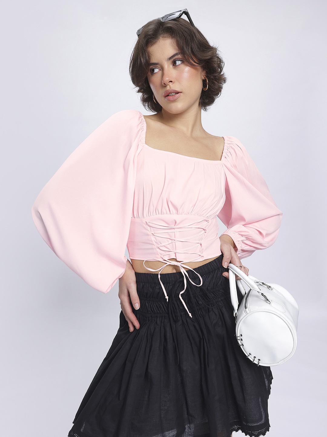 

glitchez Cutesy Lace-Ups Puff Sleeves Empire Crop Top, Pink