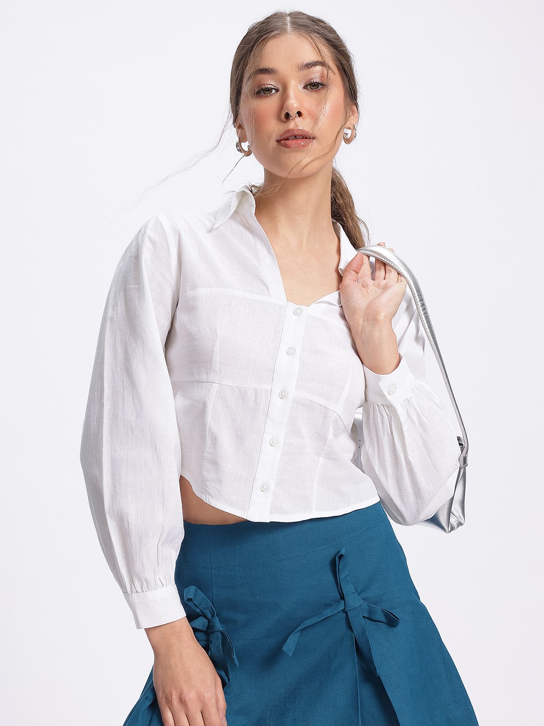

glitchez Pure Elegance Cotton-Linen Crop Shirt-Style Top, White