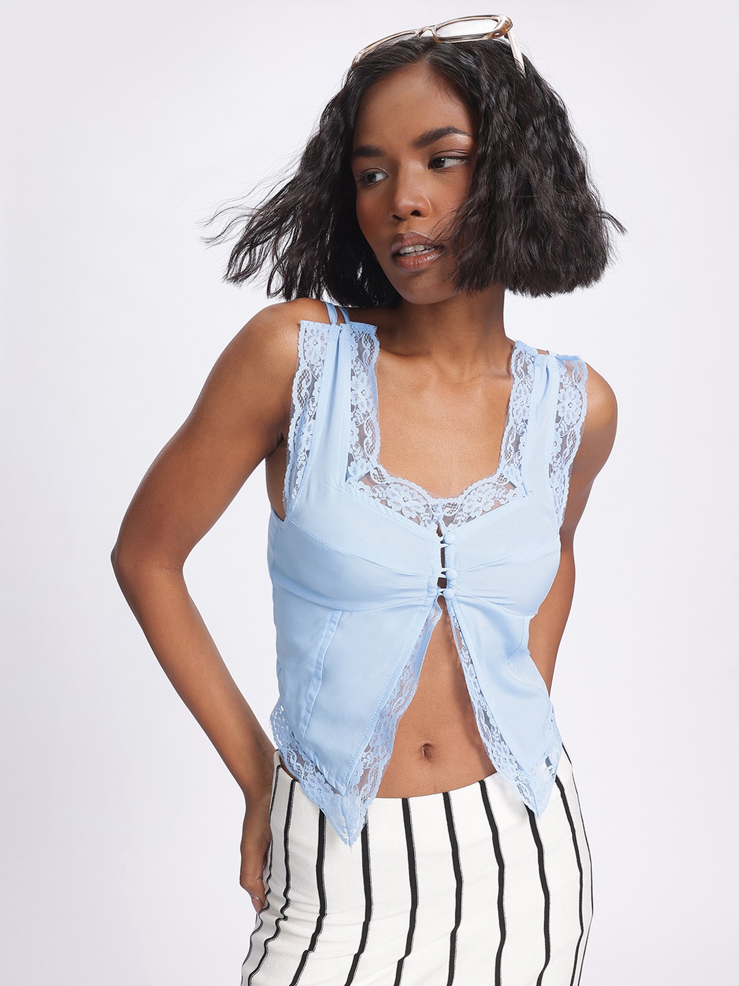 

glitchez Lacy Allure Printed Top with Strappy-Detail, Blue