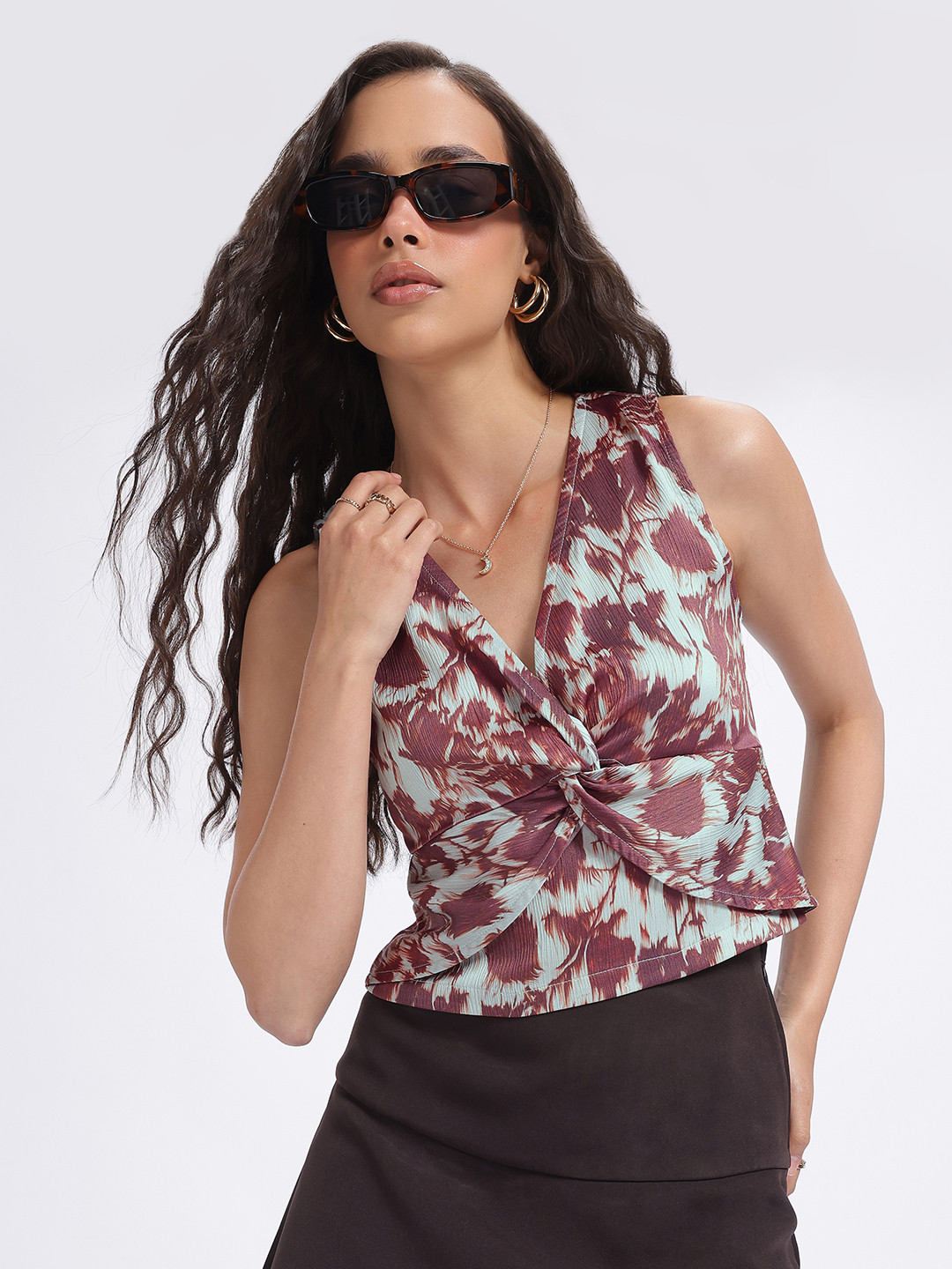 

glitchez Abstract Blooms Twisted Crinkled Top, Sea green